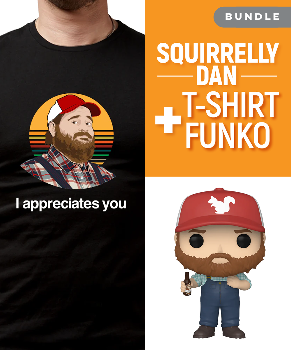 Squirrelly Dan Character Shirt + Funko POP! Bundle