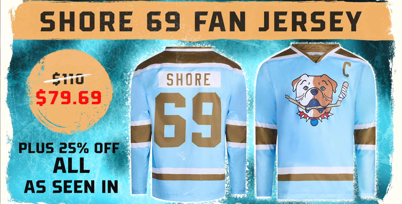 Promotional image of a Shore 69 fan jersey with pricing and discount information.